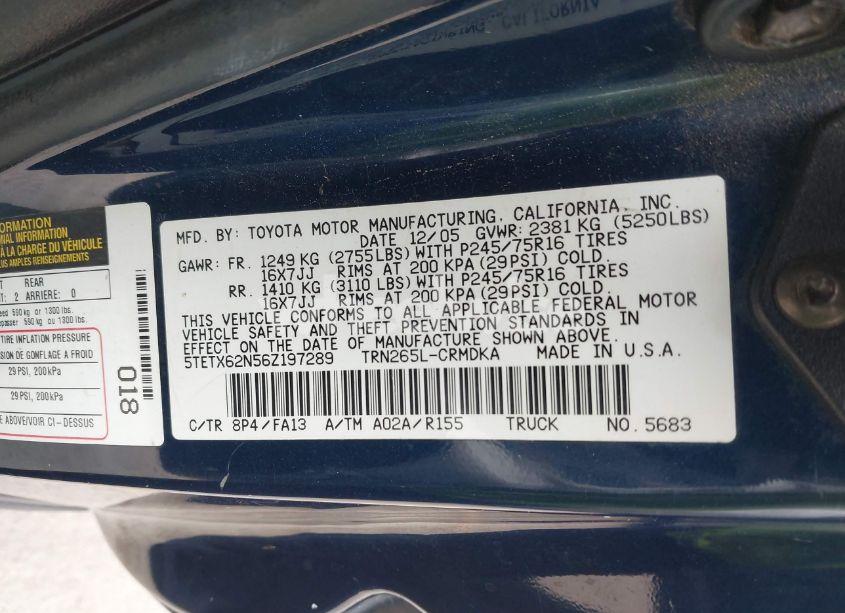 Photo 9 of 2006 Toyota Tacoma PRERUNNER (VIN 5TETX62N56Z197289)