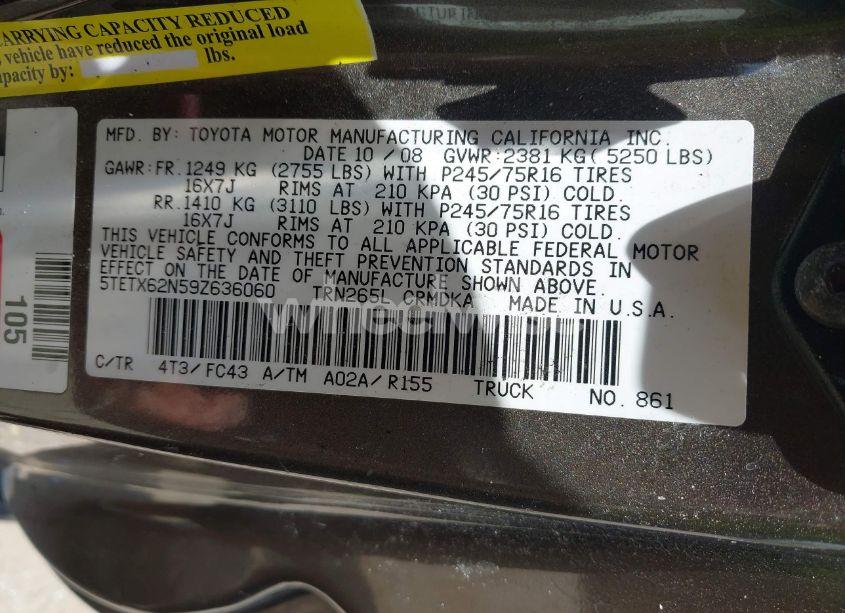 Photo 9 of 2009 Toyota Tacoma PRERUNNER (VIN 5TETX62N59Z636060)