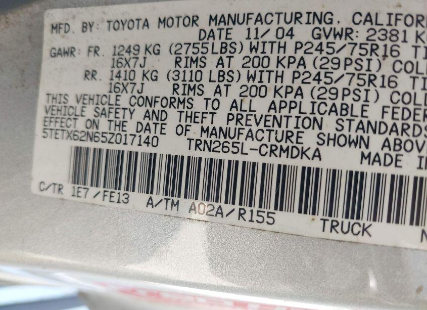 Photo 9 of 2005 Toyota Tacoma PRERUNNER (VIN 5TETX62N65Z017140)