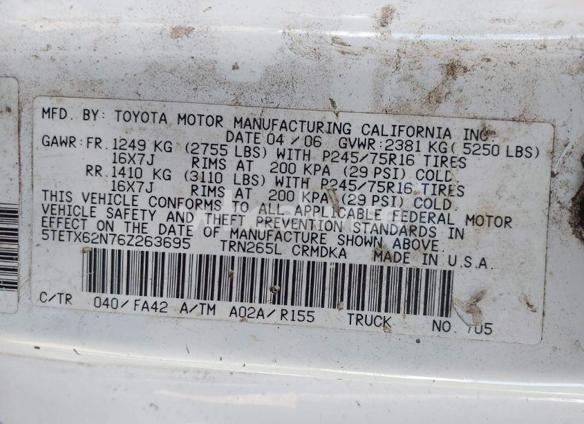Photo 9 of 2006 Toyota Tacoma PRERUNNER (VIN 5TETX62N76Z263695)