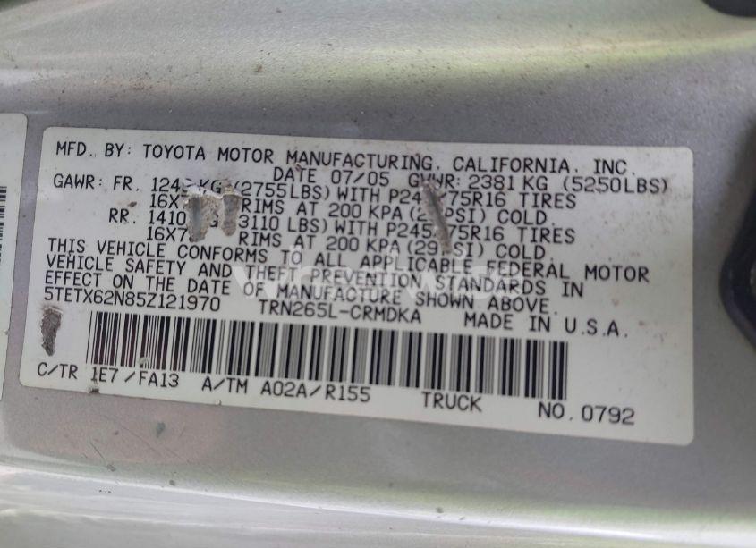 Photo 9 of 2005 Toyota Tacoma PRERUNNER (VIN 5TETX62N85Z121970)