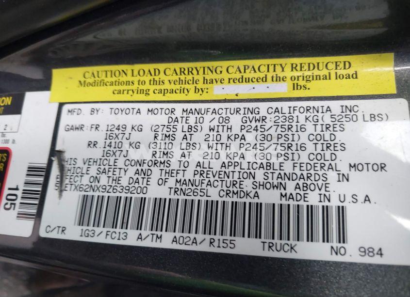 Photo 9 of 2009 Toyota Tacoma PRERUNNER (VIN 5TETX62NX9Z639200)