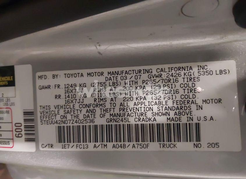 Photo 9 of 2007 Toyota Tacoma ACCESS CAB (VIN 5TEUU42N07Z402536)