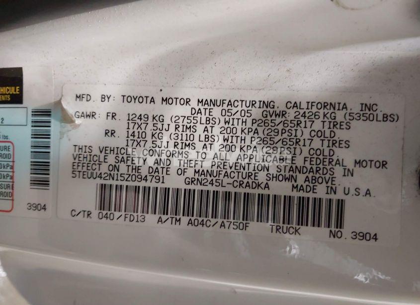 Photo 9 of 2005 Toyota Tacoma ACCESS CAB (VIN 5TEUU42N15Z094791)