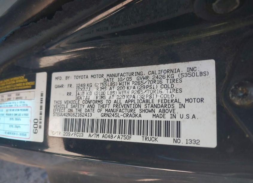 Photo 9 of 2006 Toyota Tacoma BASE V6 (VIN 5TEUU42N16Z162413)
