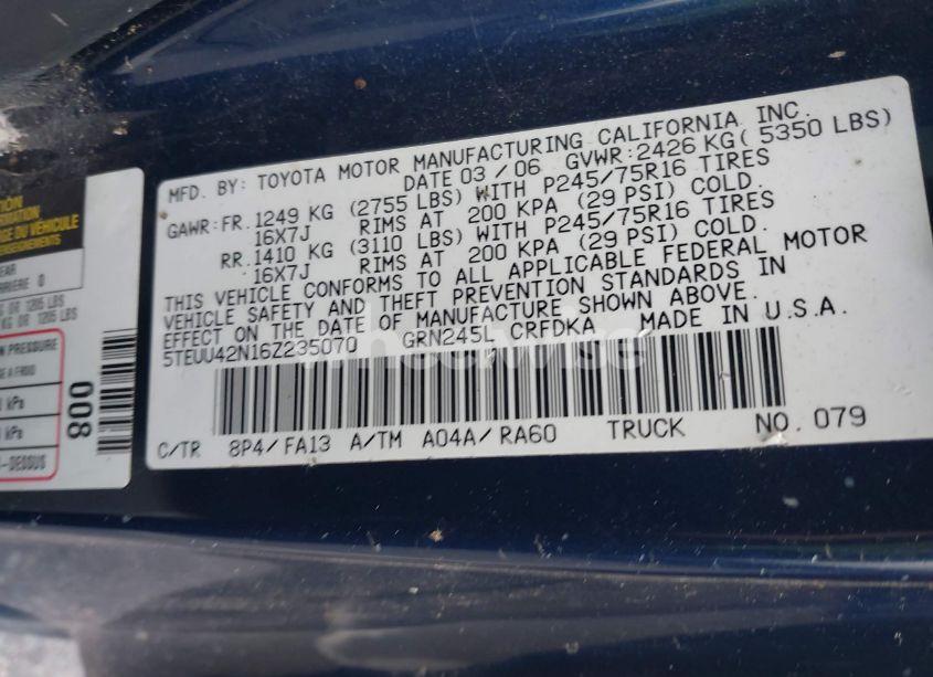 Photo 9 of 2006 Toyota Tacoma BASE V6 (VIN 5TEUU42N16Z235070)