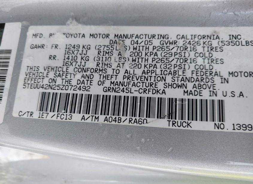 Photo 9 of 2005 Toyota Tacoma BASE V6 (VIN 5TEUU42N25Z072492)