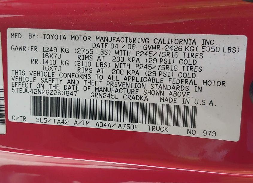 Photo 9 of 2006 Toyota Tacoma BASE V6 (VIN 5TEUU42N26Z263847)