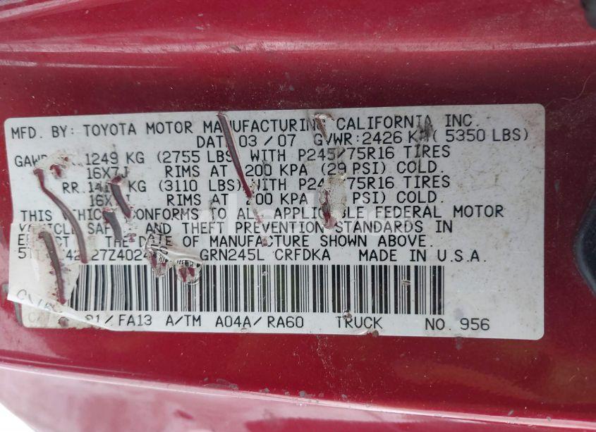 Photo 9 of 2007 Toyota Tacoma BASE V6 (VIN 5TEUU42N27Z402456)