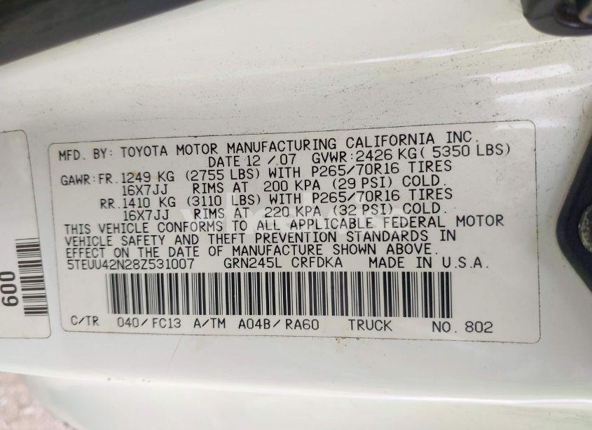 Photo 9 of 2008 Toyota Tacoma BASE V6 (VIN 5TEUU42N28Z531007)