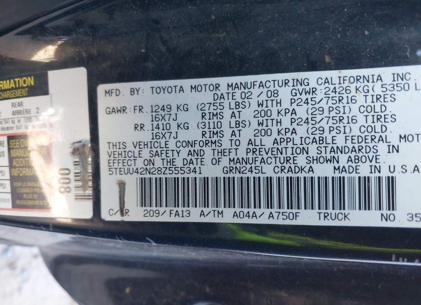 Photo 9 of 2008 Toyota Tacoma BASE V6 (VIN 5TEUU42N28Z555341)