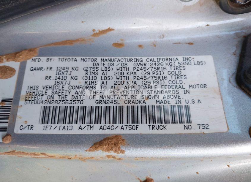 Photo 9 of 2008 Toyota Tacoma BASE V6 (VIN 5TEUU42N28Z563570)