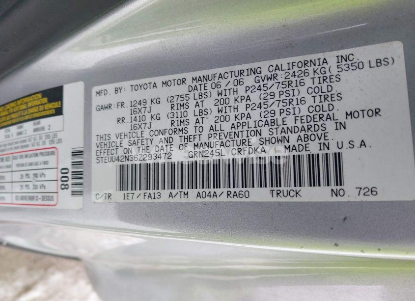 Photo 9 of 2006 Toyota Tacoma BASE V6 (VIN 5TEUU42N36Z293472)
