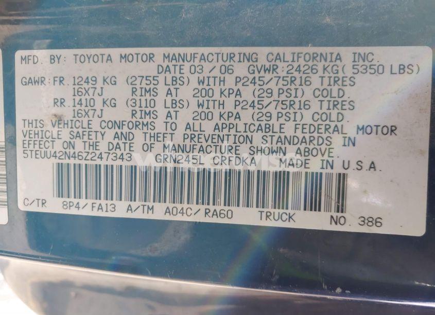 Photo 9 of 2006 Toyota Tacoma BASE V6 (VIN 5TEUU42N46Z247343)