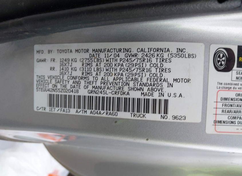 Photo 9 of 2005 Toyota Tacoma BASE V6 (VIN 5TEUU42N55Z020418)