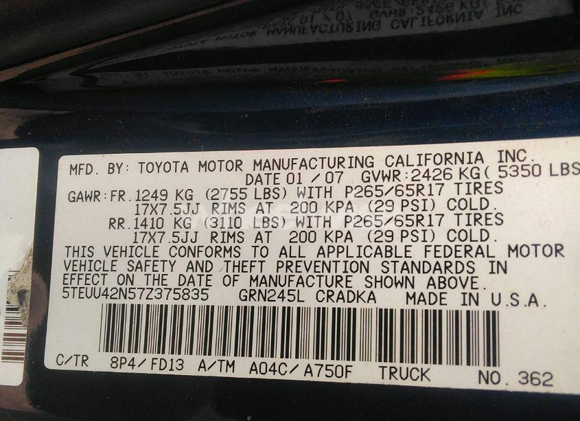 Photo 9 of 2007 Toyota Tacoma BASE V6 (VIN 5TEUU42N57Z375835)