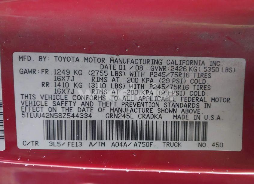 Photo 9 of 2008 Toyota Tacoma BASE V6 (VIN 5TEUU42N58Z544334)