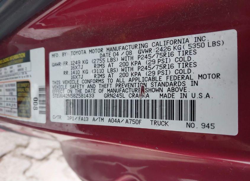 Photo 9 of 2008 Toyota Tacoma BASE V6 (VIN 5TEUU42N58Z581433)