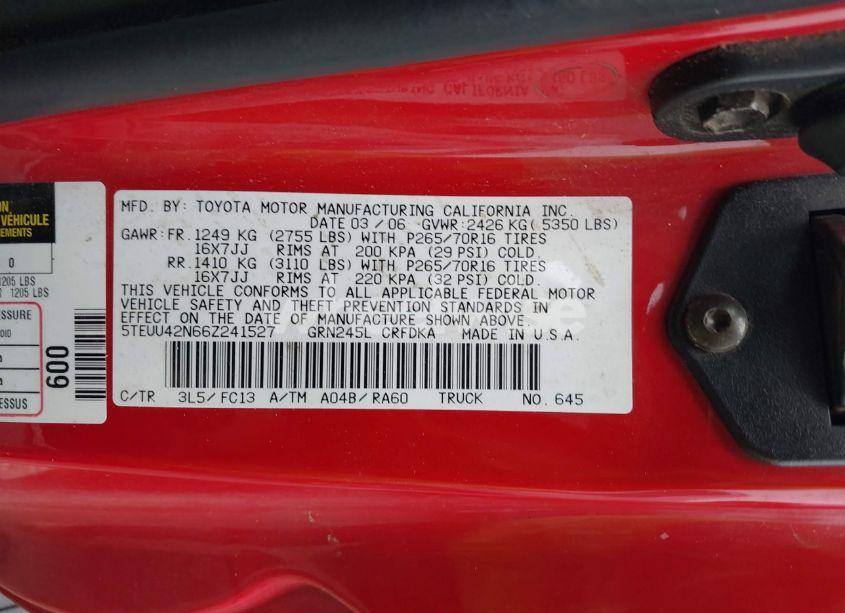 Photo 9 of 2006 Toyota Tacoma BASE V6 (VIN 5TEUU42N66Z241527)