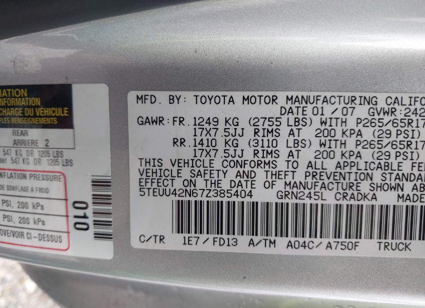 Photo 9 of 2007 Toyota Tacoma ACCESS CAB (VIN 5TEUU42N67Z385404)