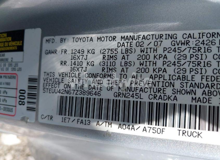 Photo 9 of 2007 Toyota Tacoma BASE V6 (VIN 5TEUU42N67Z389646)