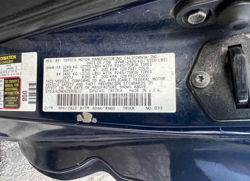 Photo 8 of 2008 Toyota Tacoma BASE V6 (VIN 5TEUU42N68Z591632)