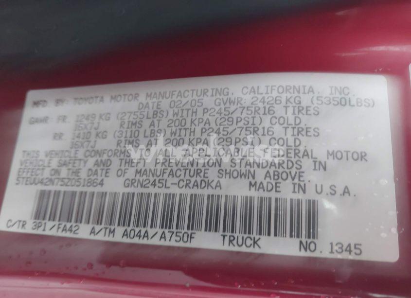 Photo 9 of 2005 Toyota Tacoma BASE V6 (VIN 5TEUU42N75Z051864)