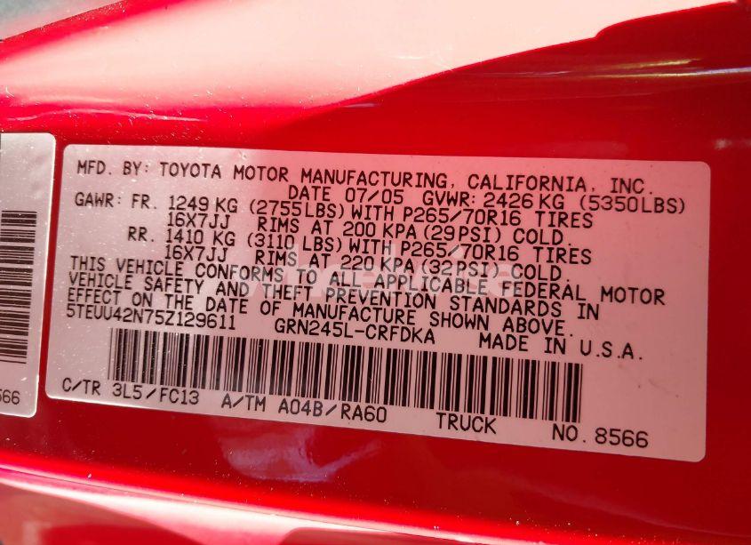 Photo 9 of 2005 Toyota Tacoma ACCESS CAB (VIN 5TEUU42N75Z129611)