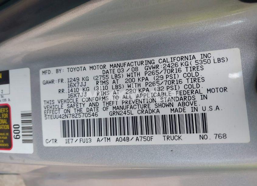 Photo 9 of 2008 Toyota Tacoma BASE V6 (VIN 5TEUU42N78Z570546)
