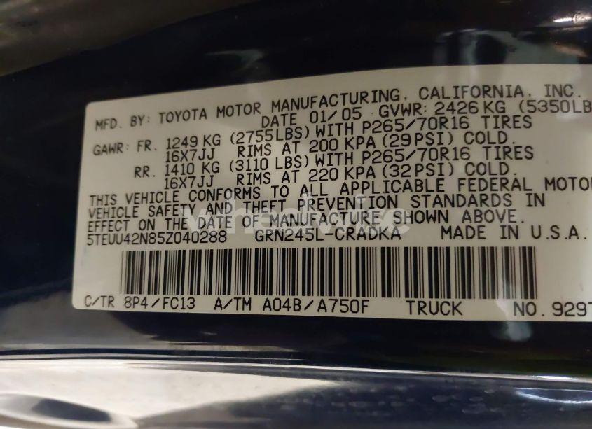 Photo 9 of 2005 Toyota Tacoma ACCESS CAB (VIN 5TEUU42N85Z040288)
