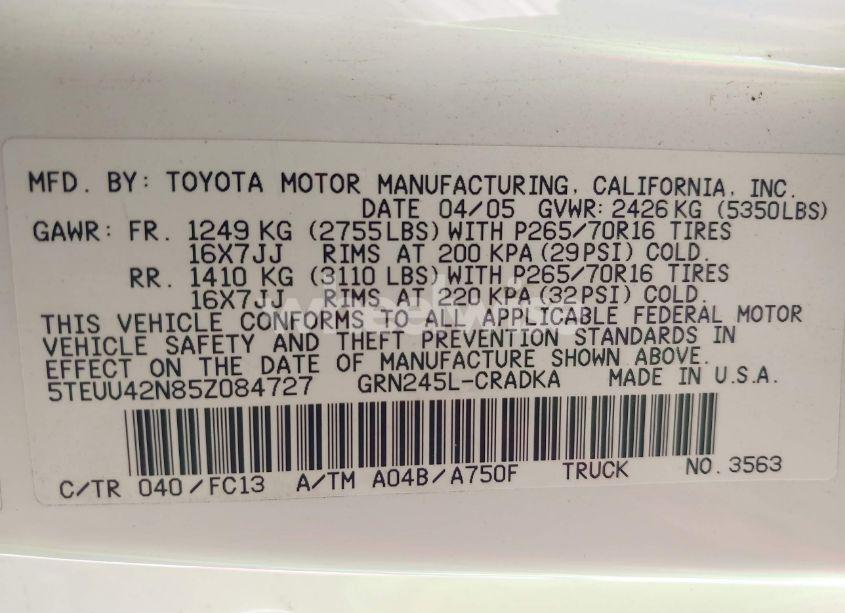 Photo 9 of 2005 Toyota Tacoma BASE V6 (VIN 5TEUU42N85Z084727)