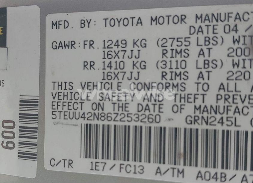 Photo 8 of 2006 Toyota Tacoma ACCESS CAB (VIN 5TEUU42N86Z253260)