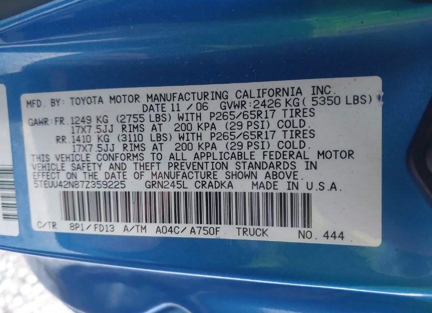 Photo 9 of 2007 Toyota Tacoma ACCESS CAB (VIN 5TEUU42N87Z359225)