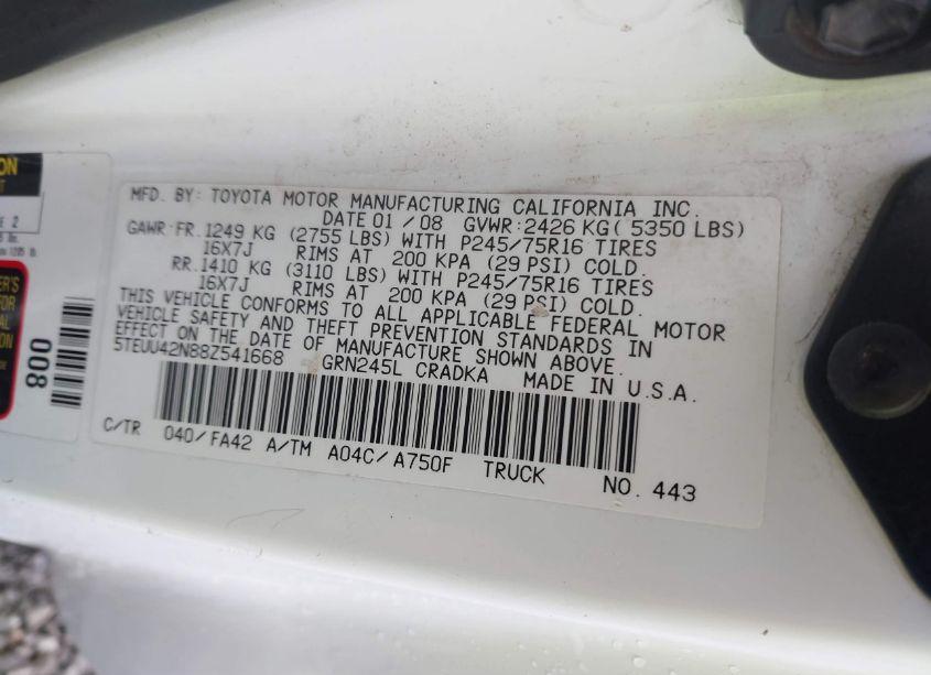Photo 9 of 2008 Toyota Tacoma BASE V6 (VIN 5TEUU42N88Z541668)