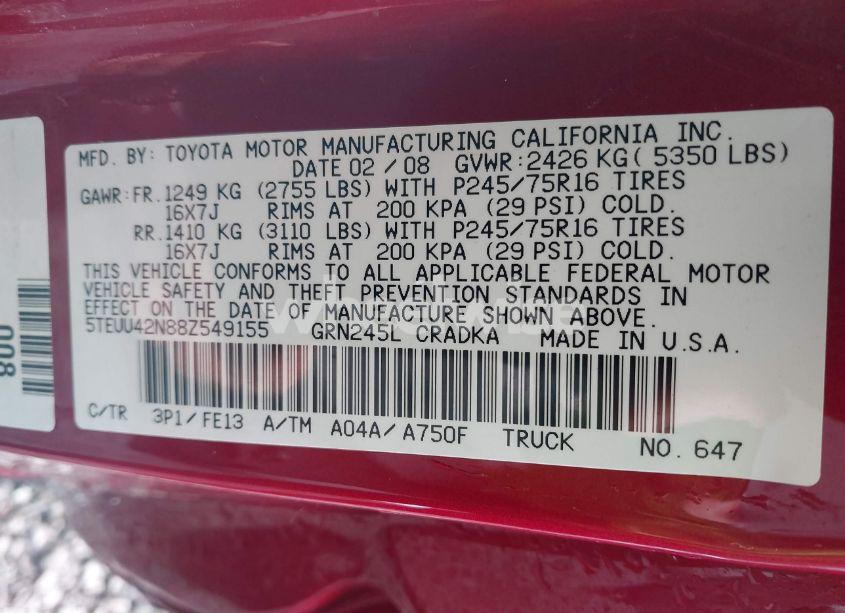 Photo 9 of 2008 Toyota Tacoma BASE V6 (VIN 5TEUU42N88Z549155)