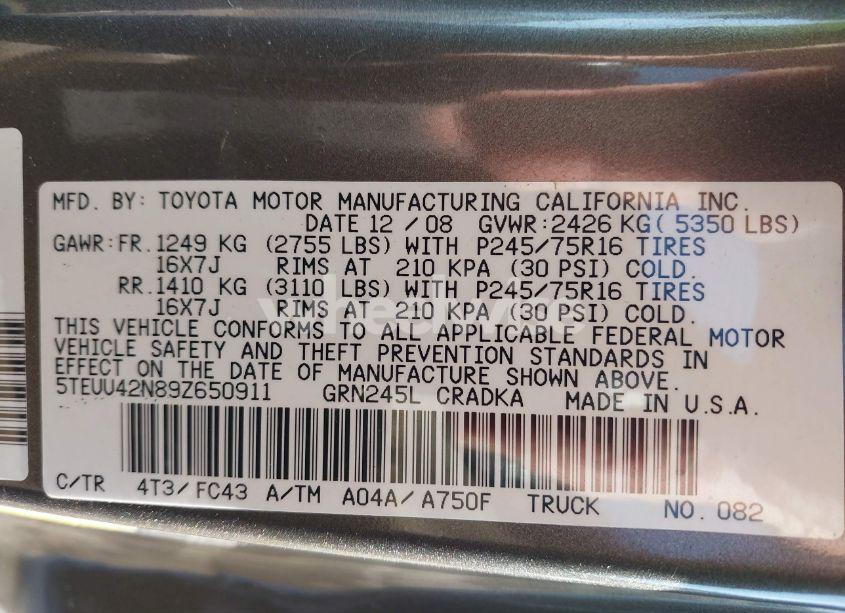 Photo 9 of 2009 Toyota Tacoma BASE V6 (VIN 5TEUU42N89Z650911)
