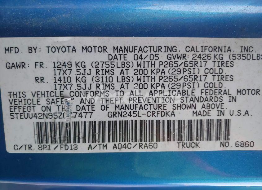 Photo 9 of 2005 Toyota Tacoma ACCESS CAB (VIN 5TEUU42N95Z077477)