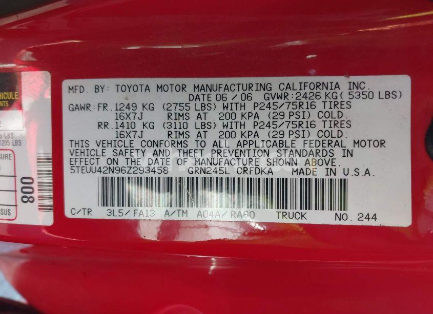 Photo 9 of 2006 Toyota Tacoma BASE V6 (VIN 5TEUU42N96Z293458)