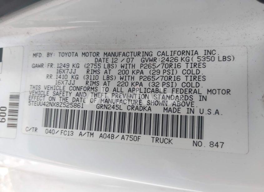 Photo 9 of 2008 Toyota Tacoma BASE V6 (VIN 5TEUU42NX8Z525861)
