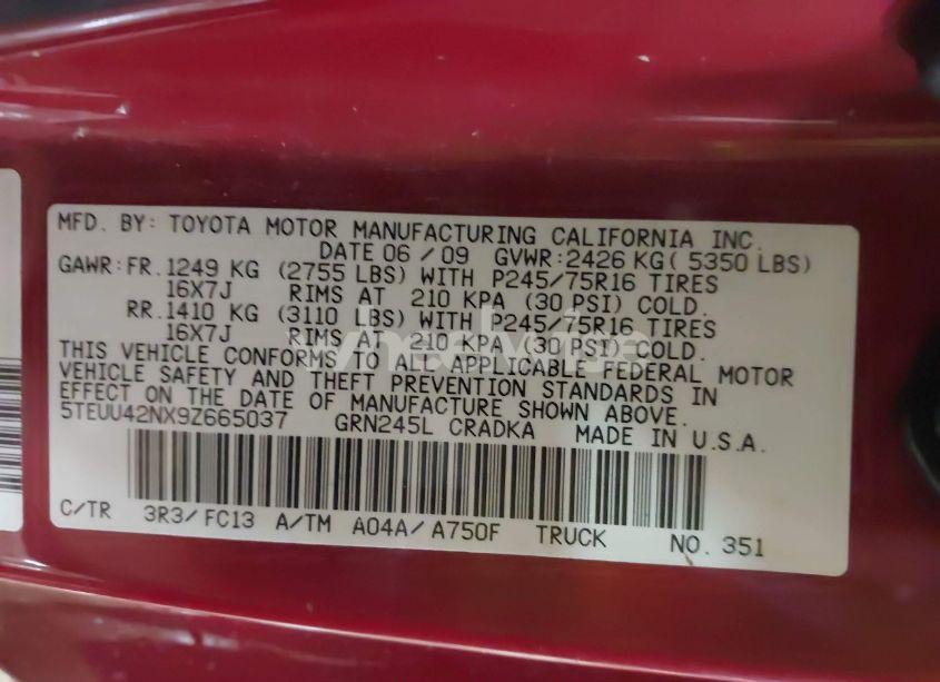 Photo 9 of 2009 Toyota Tacoma BASE V6 (VIN 5TEUU42NX9Z665037)