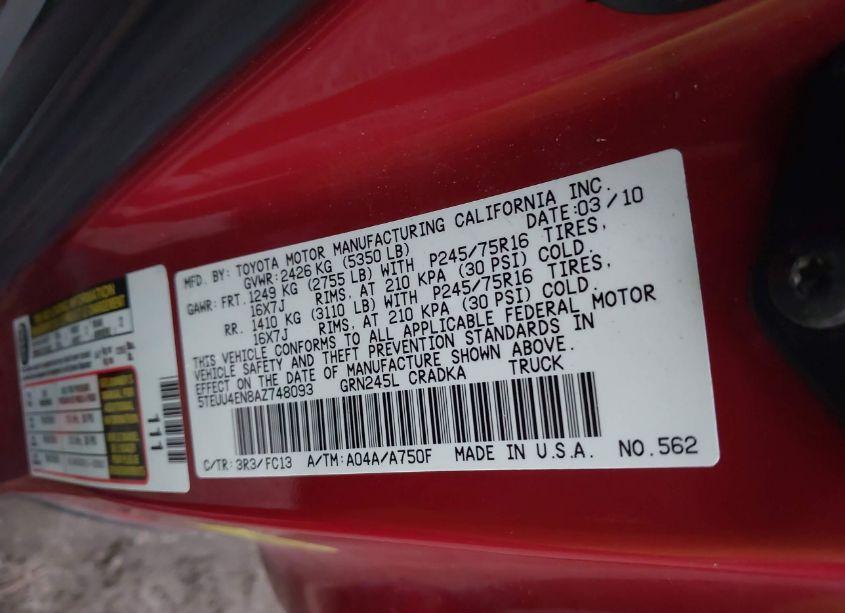 Photo 9 of 2010 Toyota Tacoma BASE V6 (VIN 5TEUU4EN8AZ748093)