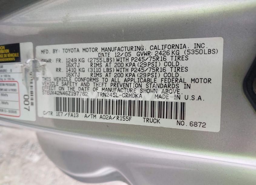 Photo 9 of 2006 Toyota Tacoma (VIN 5TEUX42N46Z197762)