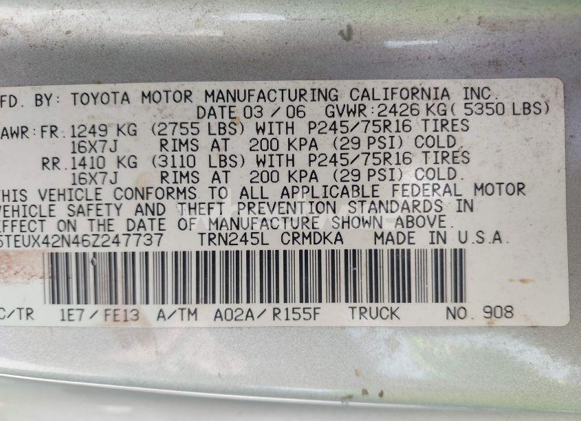 Photo 9 of 2006 Toyota Tacoma (VIN 5TEUX42N46Z247737)