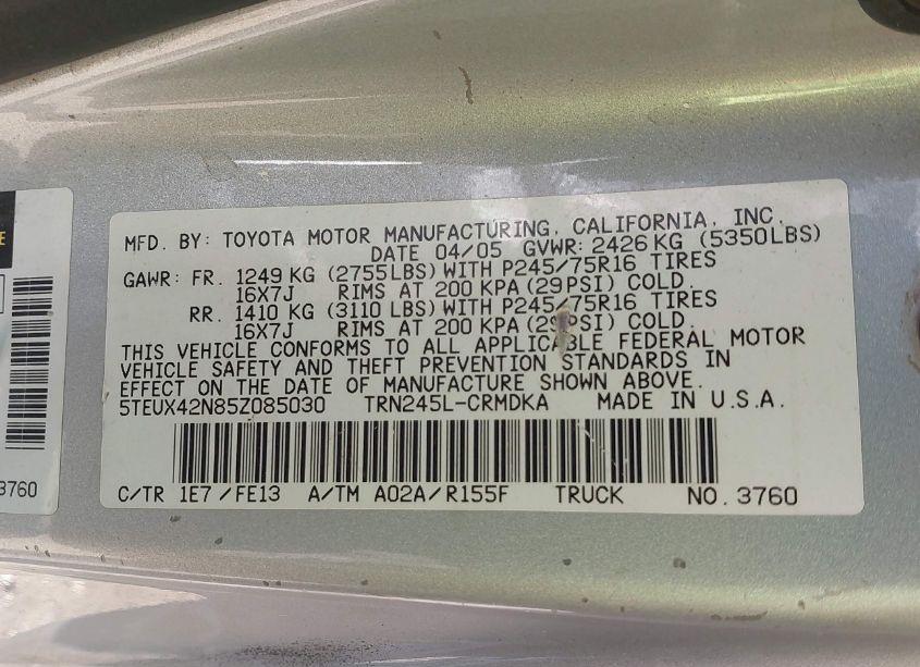 Photo 9 of 2005 Toyota Tacoma (VIN 5TEUX42N85Z085030)