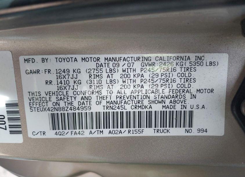 Photo 9 of 2008 Toyota Tacoma (VIN 5TEUX42N88Z484959)