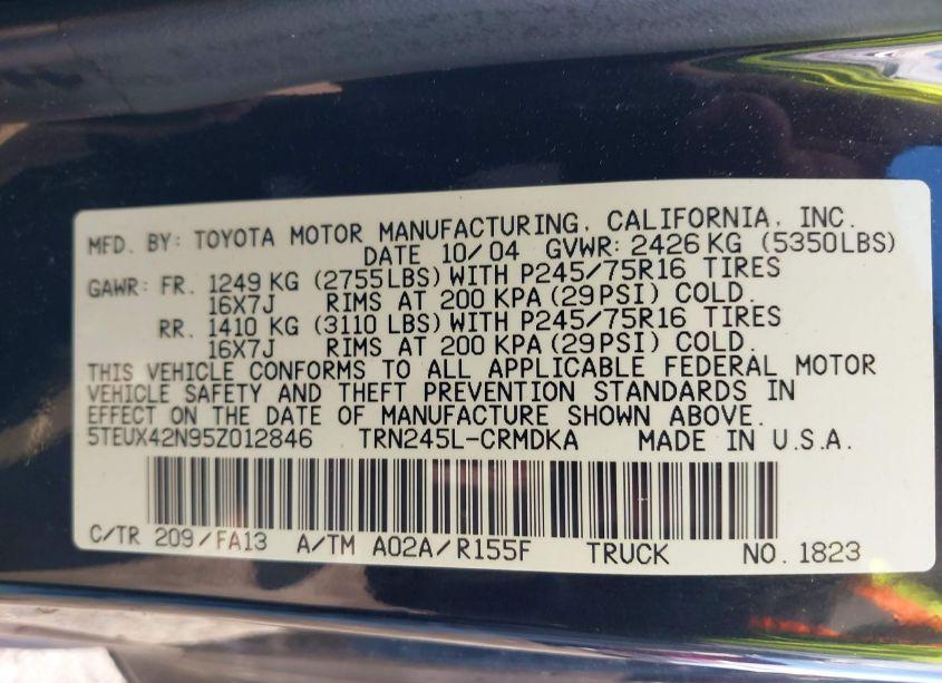 Photo 9 of 2005 Toyota Tacoma (VIN 5TEUX42N95Z012846)