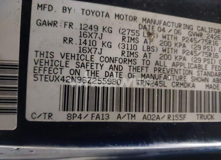 Photo 9 of 2006 Toyota Tacoma (VIN 5TEUX42N96Z255980)