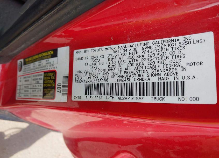 Photo 9 of 2008 Toyota Tacoma (VIN 5TEUX42NX8Z578096)