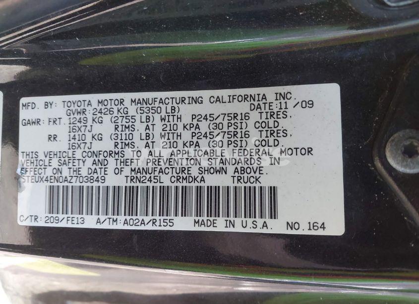 Photo 9 of 2010 Toyota Tacoma (VIN 5TEUX4EN0AZ703849)
