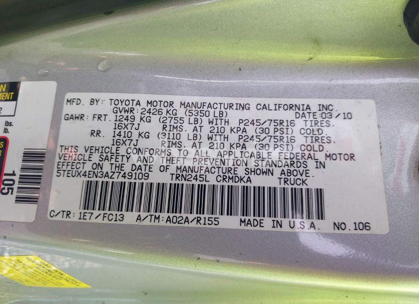 Photo 9 of 2010 Toyota Tacoma (VIN 5TEUX4EN3AZ749109)